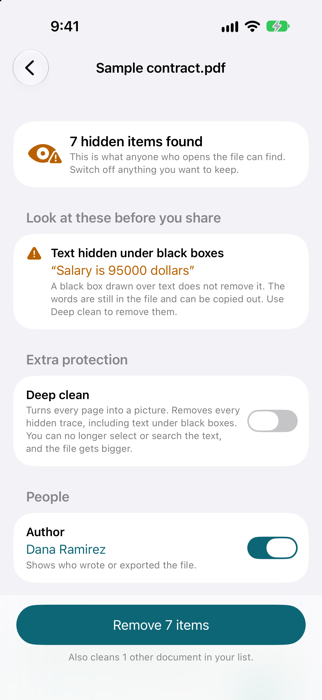 Baredoc review screen listing hidden details found in a PDF