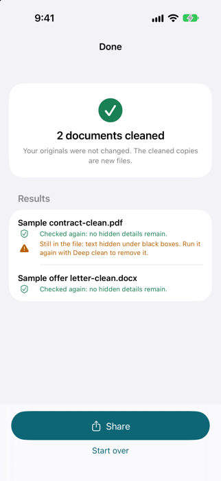 Baredoc done screen showing the cleaned files checked again